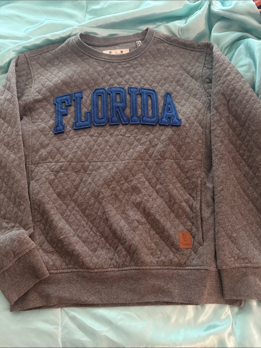 Pressbox Gray Crewneck Sweater with Blue 'FLORIDA' Appliqué